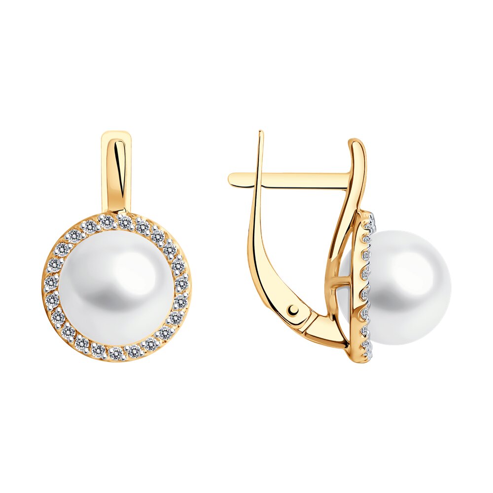 Серьги из красного золота с жемчугом и фианитами