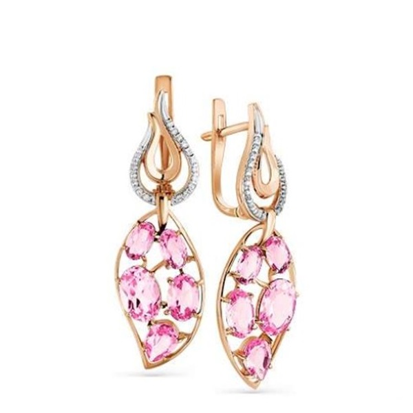 Серьги из красного золота с морганитами и фианитами