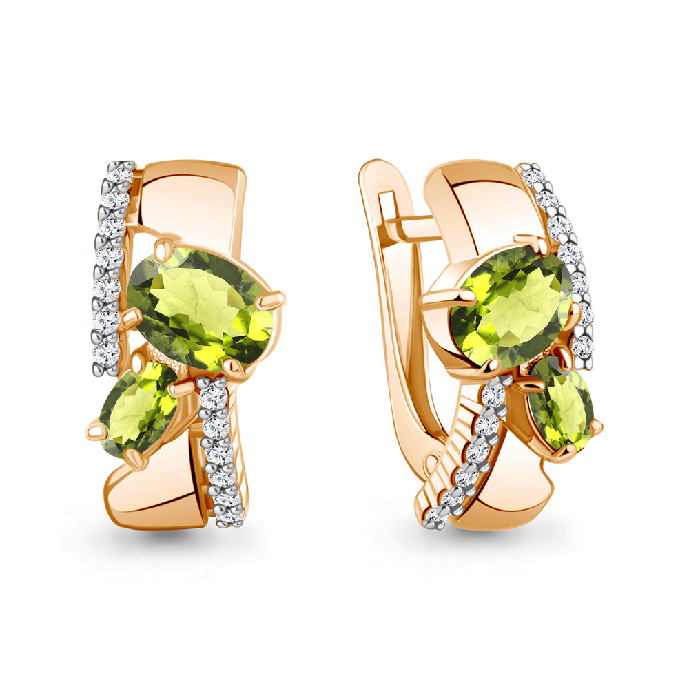 Серьги из красного золота с хризолитом и фианитами