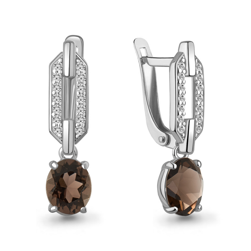 Серьги из серебра с раухтопазом и фианитами