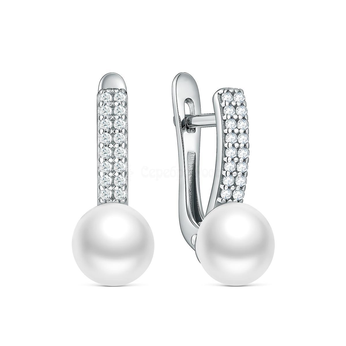 Серьги из серебра с жемчугом и фианитами