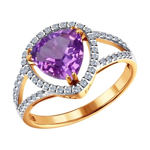 Кольцо из красного золота с аметистом и фианитами