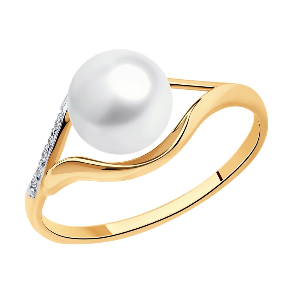 Кольцо из красного золота с жемчугом и фианитами