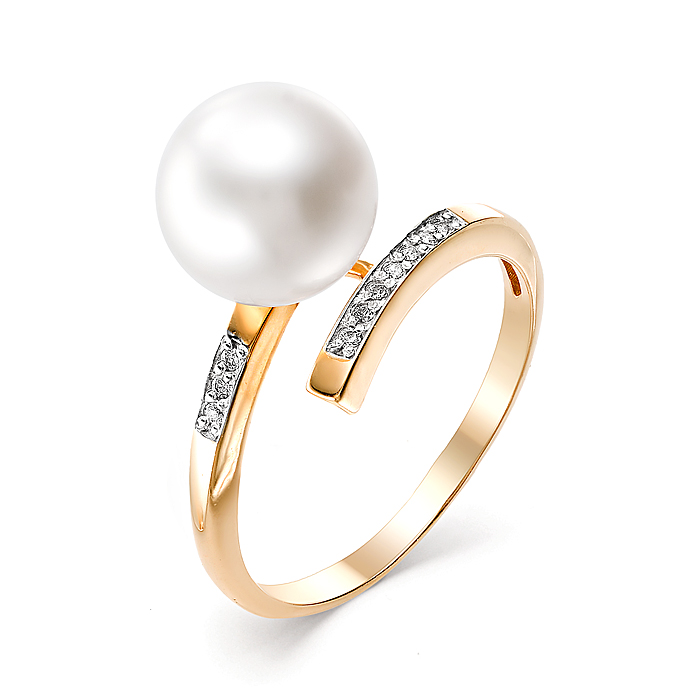 Кольцо из красного золота с жемчугом и фианитами