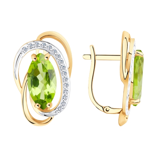 Серьги из красного золота с хризолитом и фианитами