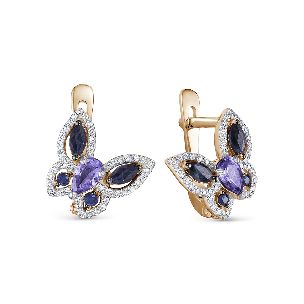 Серьги из золота с бриллиантами, сапфирами и танзанитами