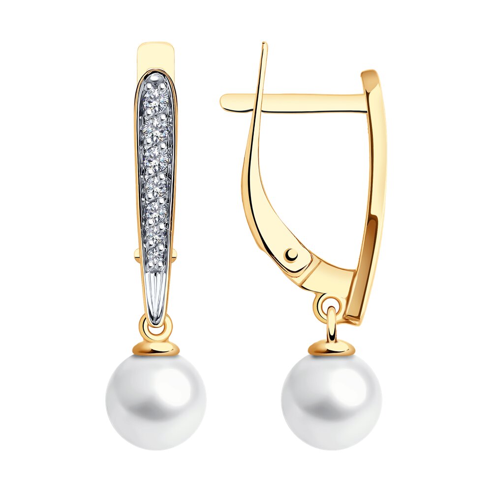 Серьги из красного золота с жемчугом и фианитами