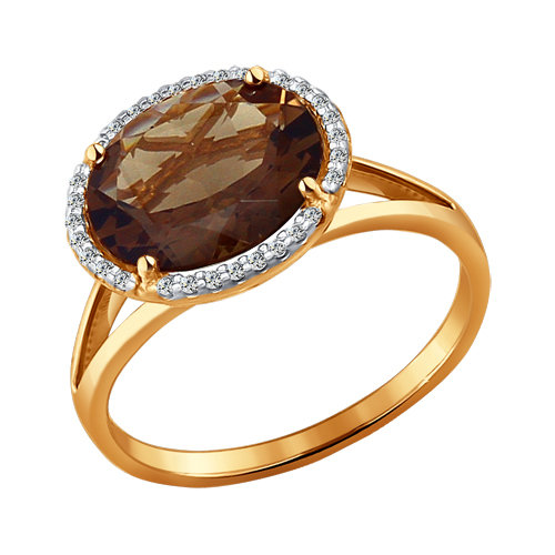 Кольцо из красного золота с раухтопазом и фианитами