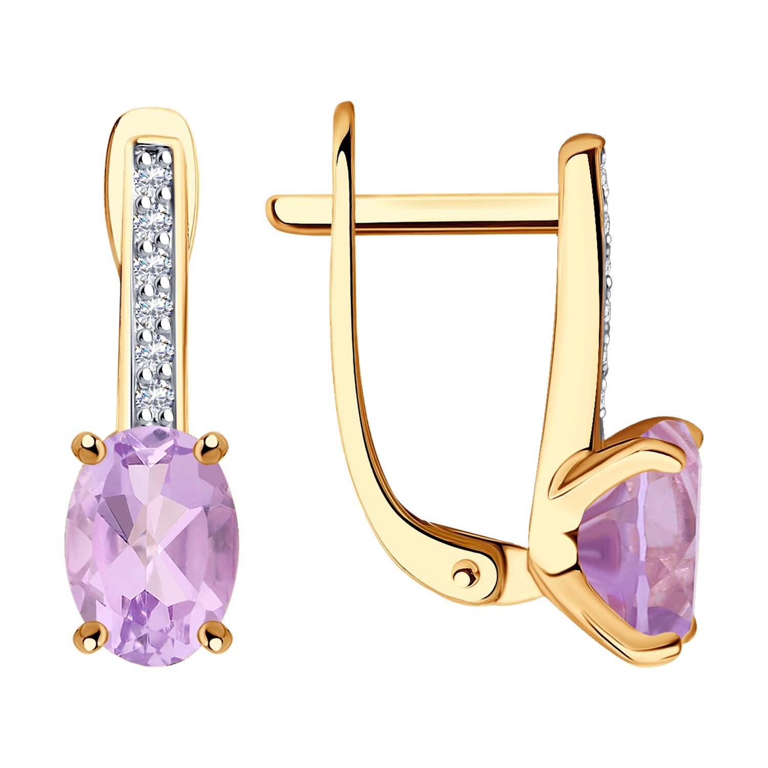 Серьги из красного золота с аметистами и фианитами