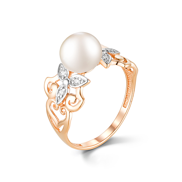Кольцо из красного золота с жемчугом и фианитами