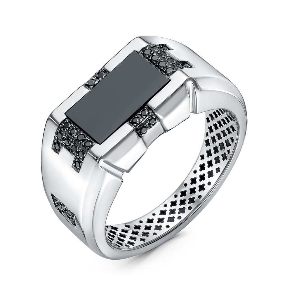 Печатка из белого золота с ониксом и фианитами