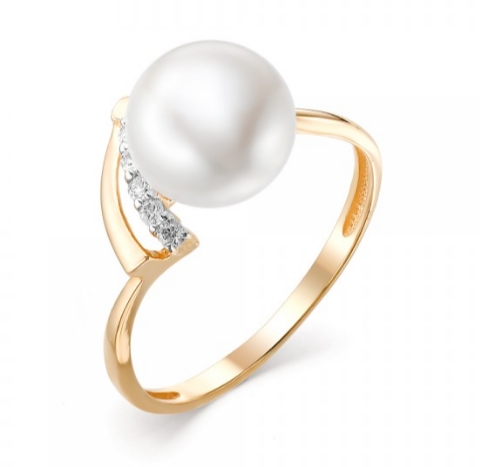 Кольцо из красного золота с жемчугом и фианитами