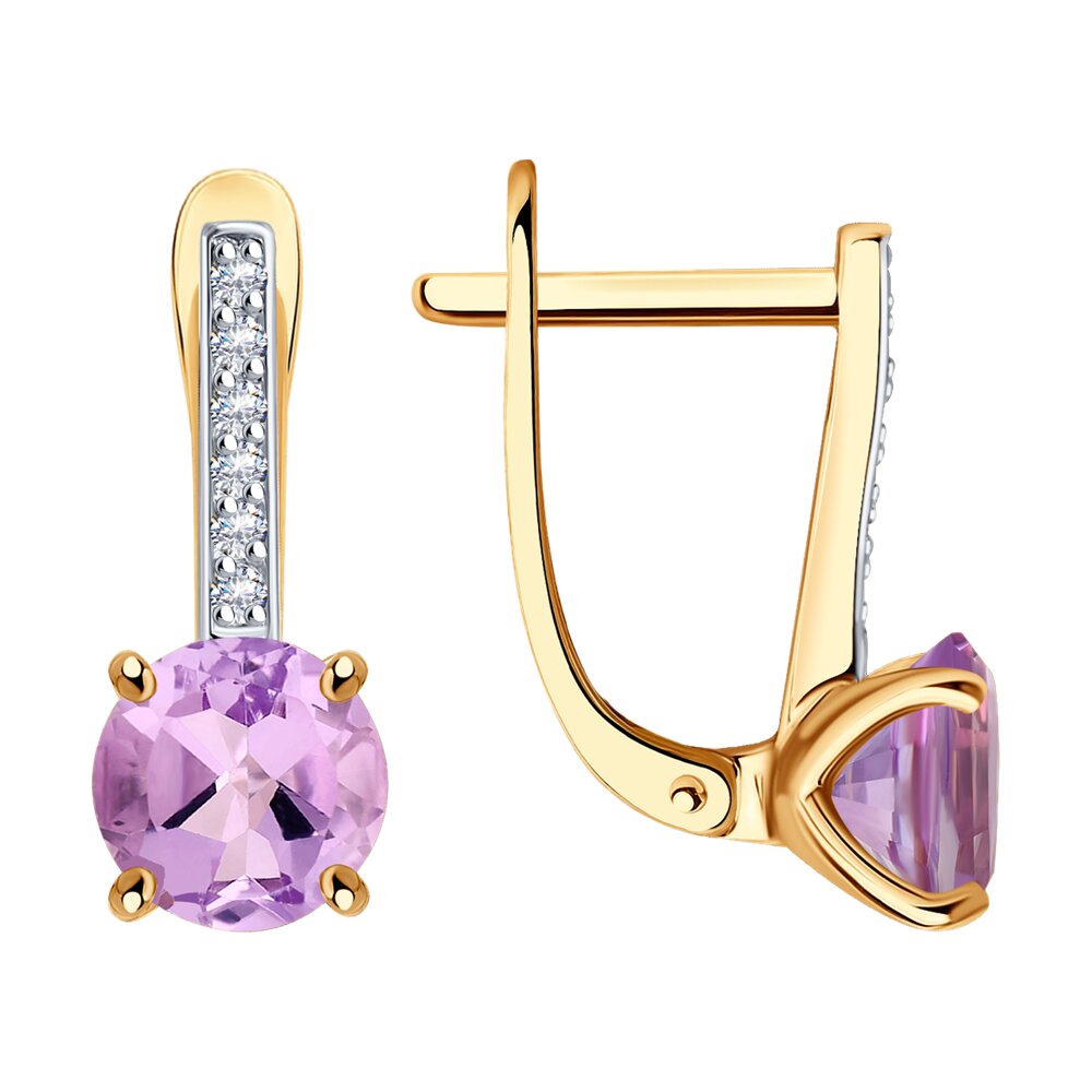 Серьги из красного золота с аметистами и фианитами