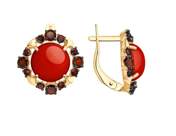 Серьги из красного золота с кораллами и гранатами