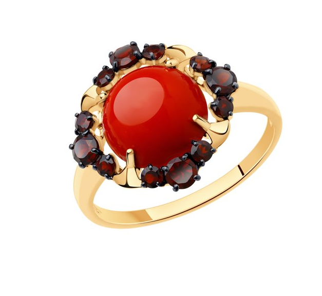 Кольцо из красного золота с кораллом и гранатами