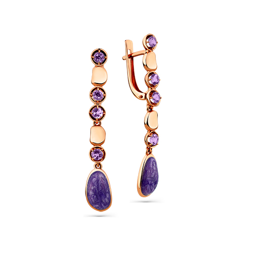 Серьги из красного золота с аметистами и эмалью