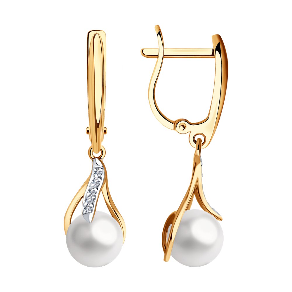 Серьги из красного золота с жемчугом и фианитами