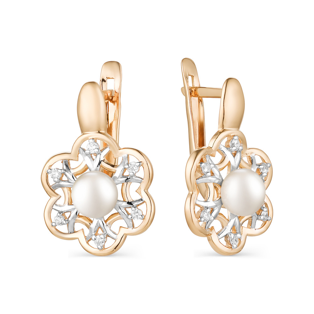 Серьги из красного золота с жемчугом и фианитами