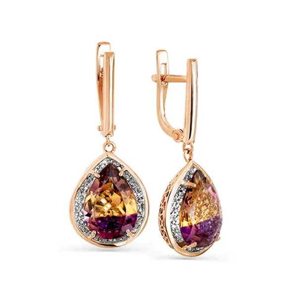 Серьги из красного золота 585 пробы с аметринами и фианитами