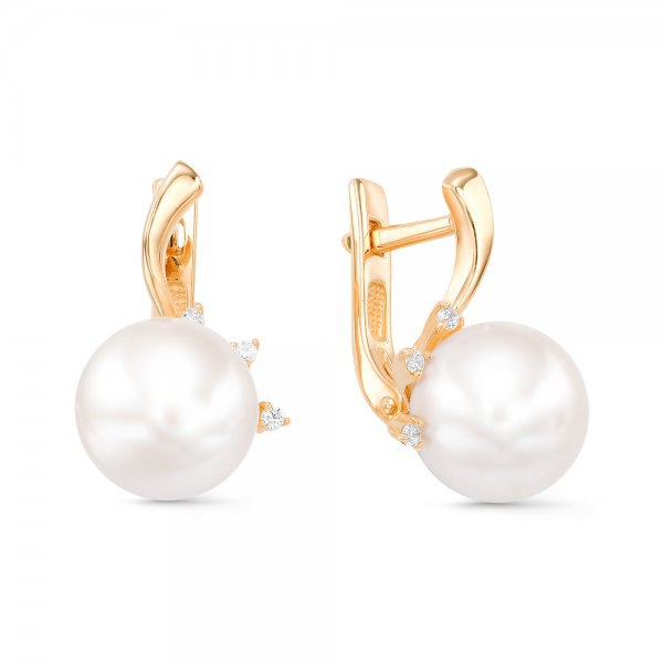 Серьги из красного золота с жемчугом и фианитами