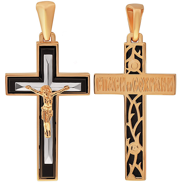 Крестик христианский из комбинированного золота с агатом