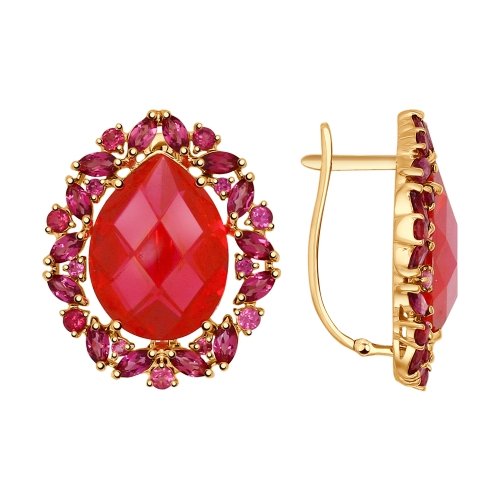 Серьги из красного золота с корундами и родолитами