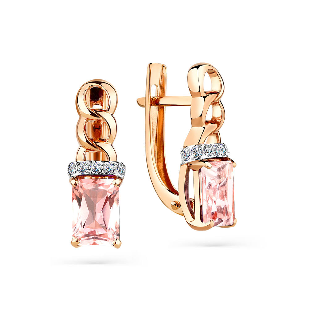 Серьги из красного золота с морганитами и фианитами