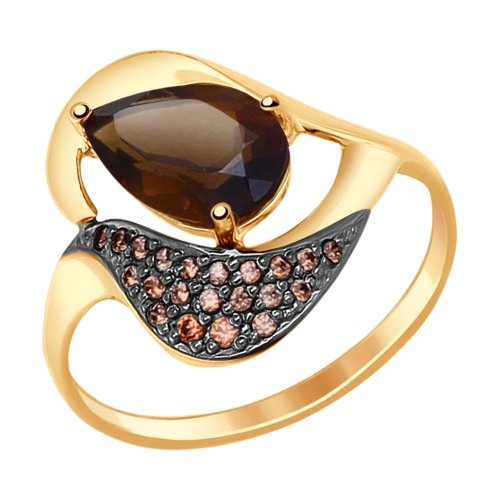 Кольцо из красного золота с раухтопазом и фианитами