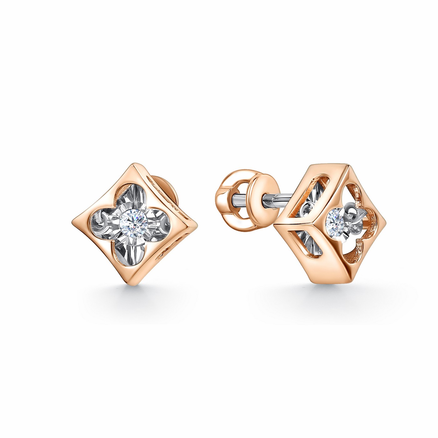 Серьги-пусеты из красного золота с танцующим бриллиантом