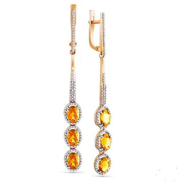 Серьги из красного золота с цитринами и фианитами