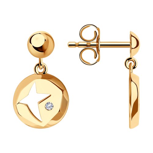 Серьги пусеты из красного золота с фианитами