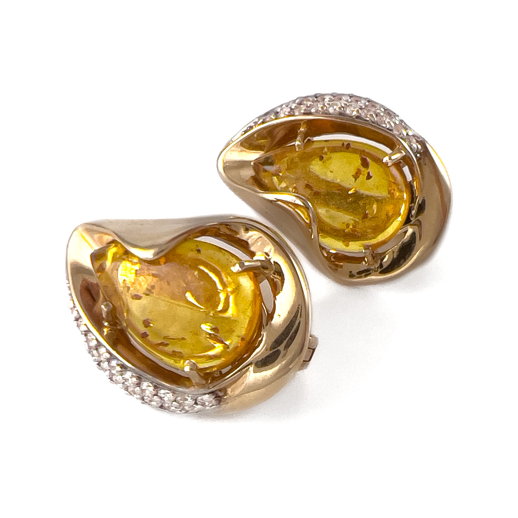 Серьги из красного золота с янтарем и фианитами