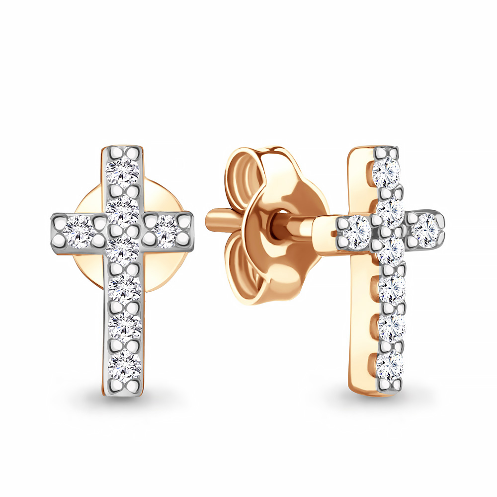 Серьги-пусеты из красного золота с фианитами