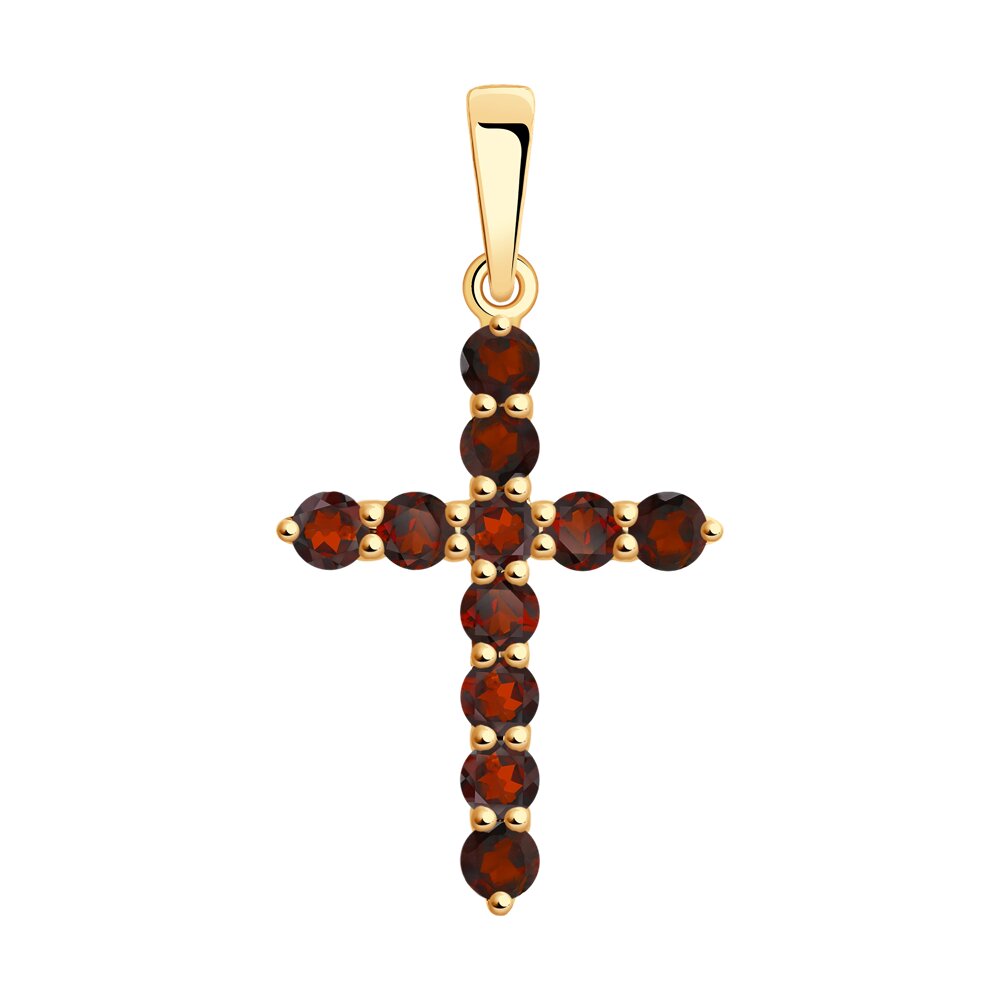 Декоративный крестик из красного золота с гранатами