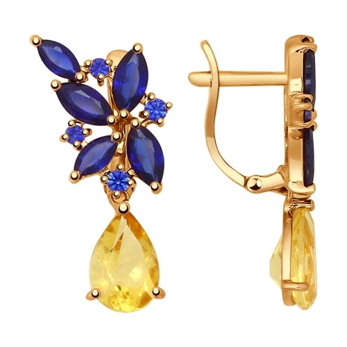 Серьги из красного золота с корундами и цитрином