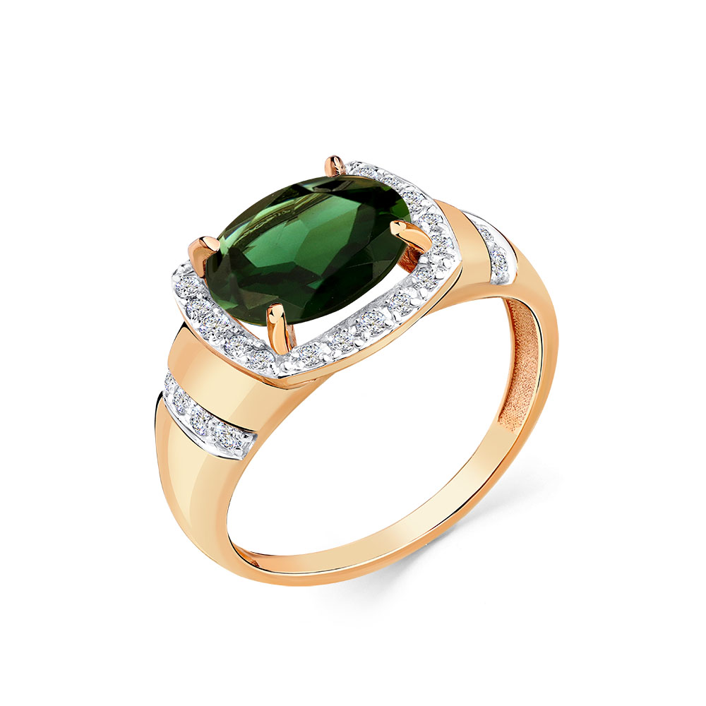 Кольцо из красного золота с синтетическим турмалином и фианитами