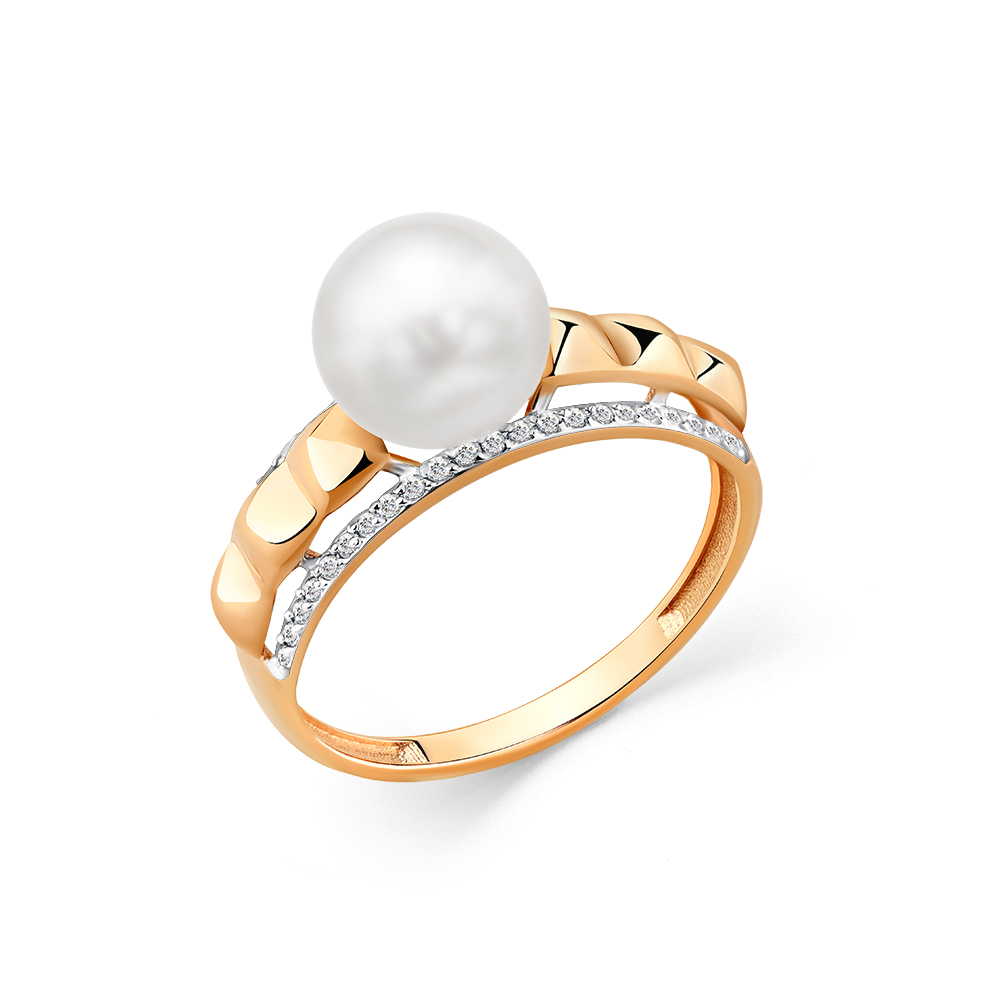 Кольцо из красного золота с жемчугом и фианитами