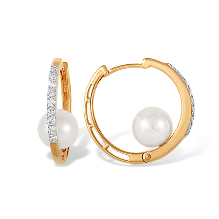 Серьги конго из красного золота с жемчугом и фианитами