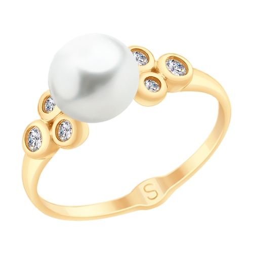 Кольцо из красного золота с жемчугом и фианитами