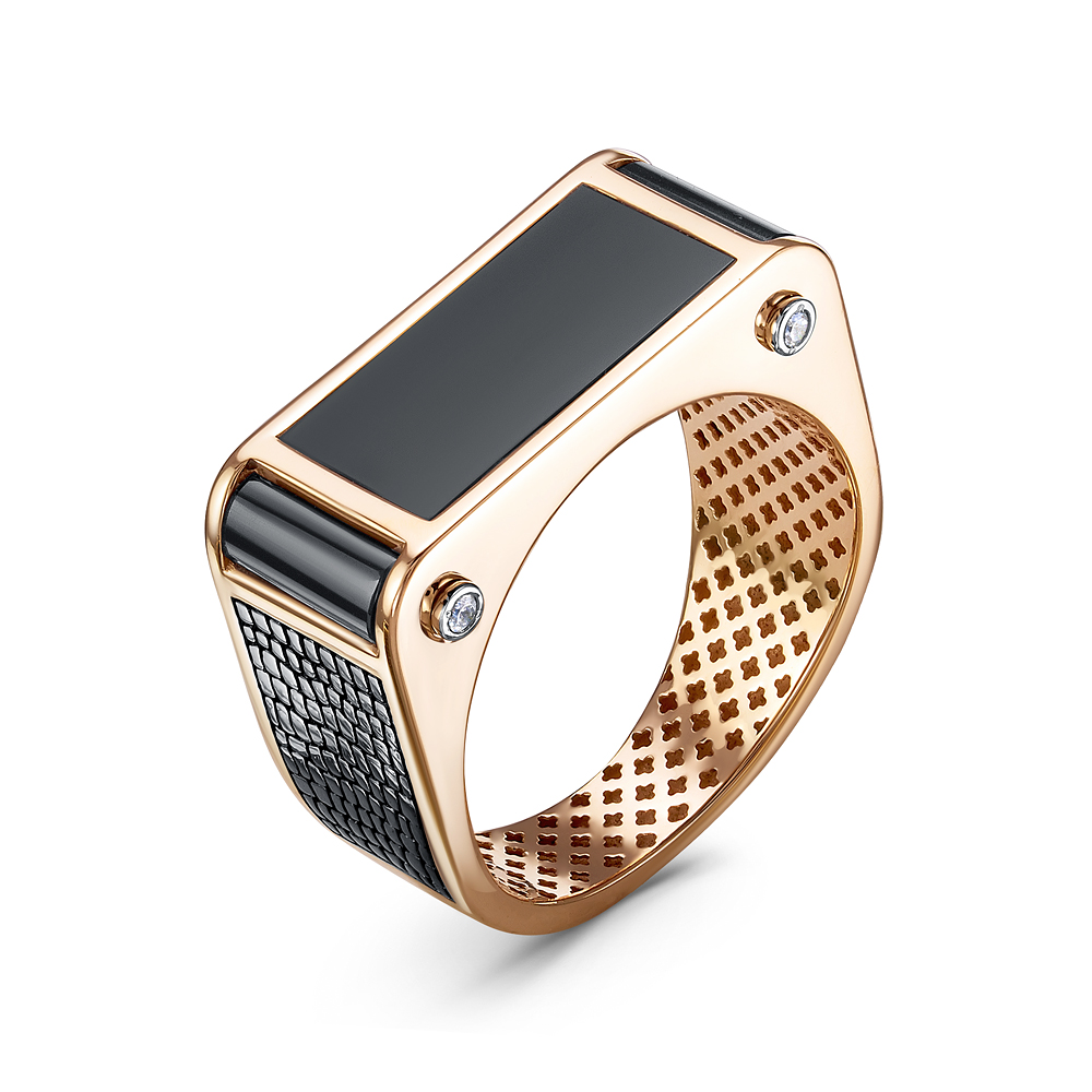 Печатка из красного золота с ониксом и фианитами