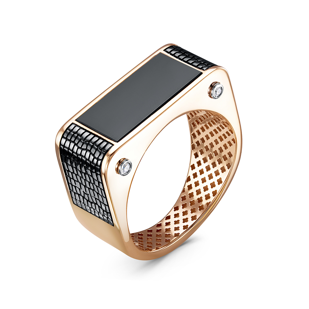 Печатка из красного золота с ониксом и фианитами