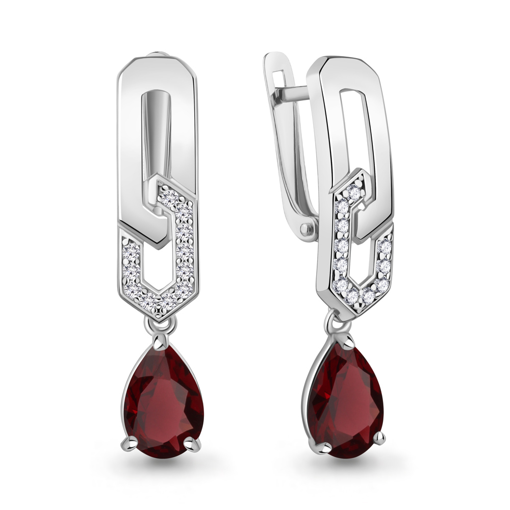 Серьги из серебра с гранатом и фианитами