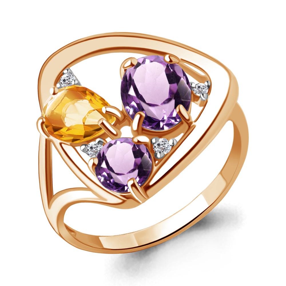Кольцо из красного золота с цитрином, аметистами и фианитами