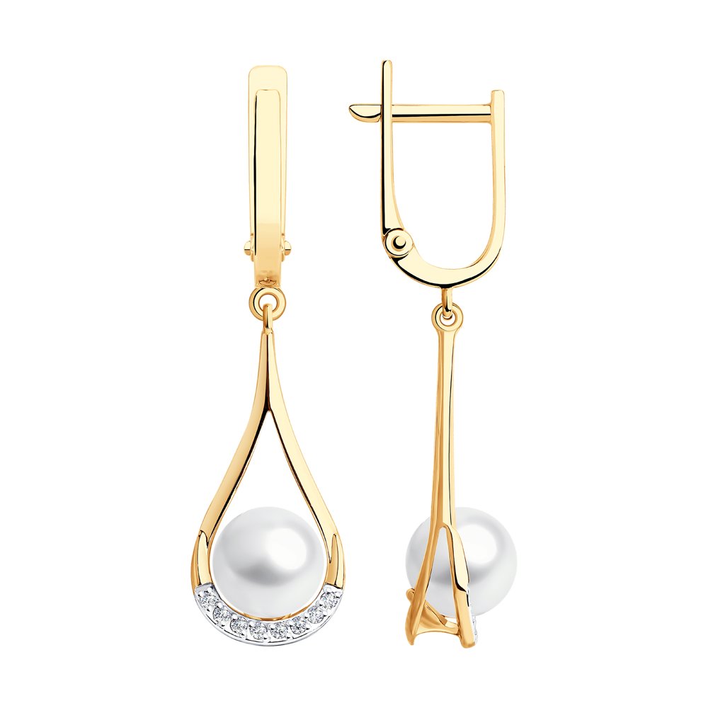 Серьги из красного золота с жемчугом и фианитами