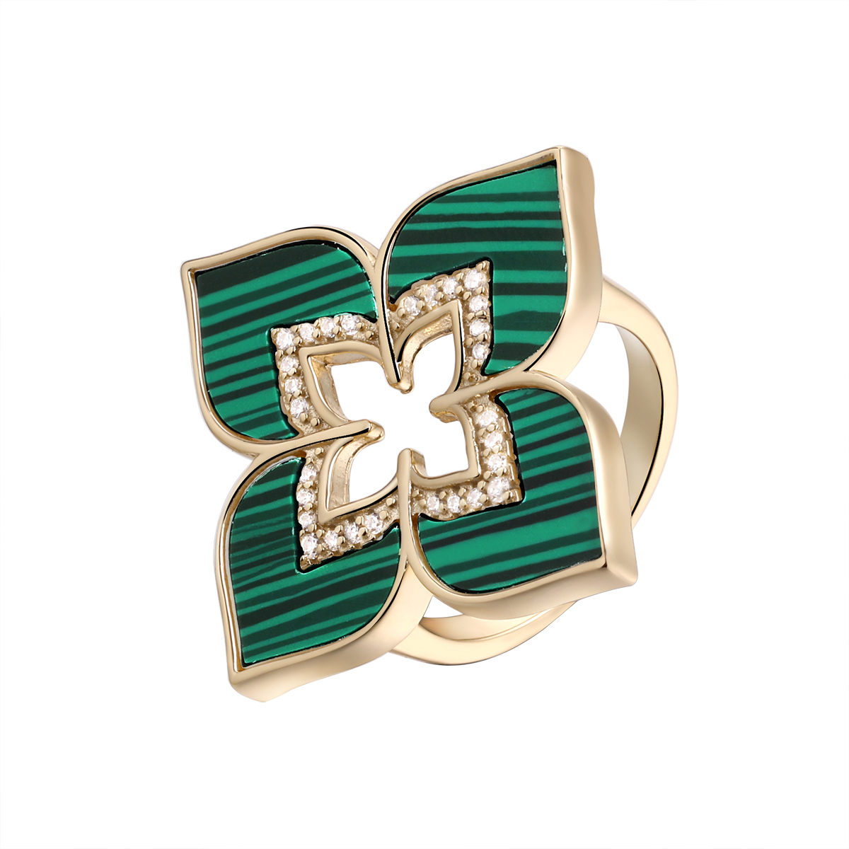 Кольцо из позолоченного серебра с искусственным малахитом и фианитами