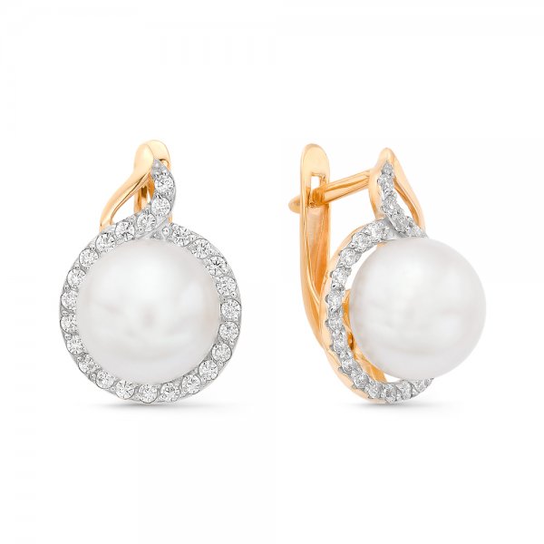 Серьги из красного золота с жемчугом и фианитами