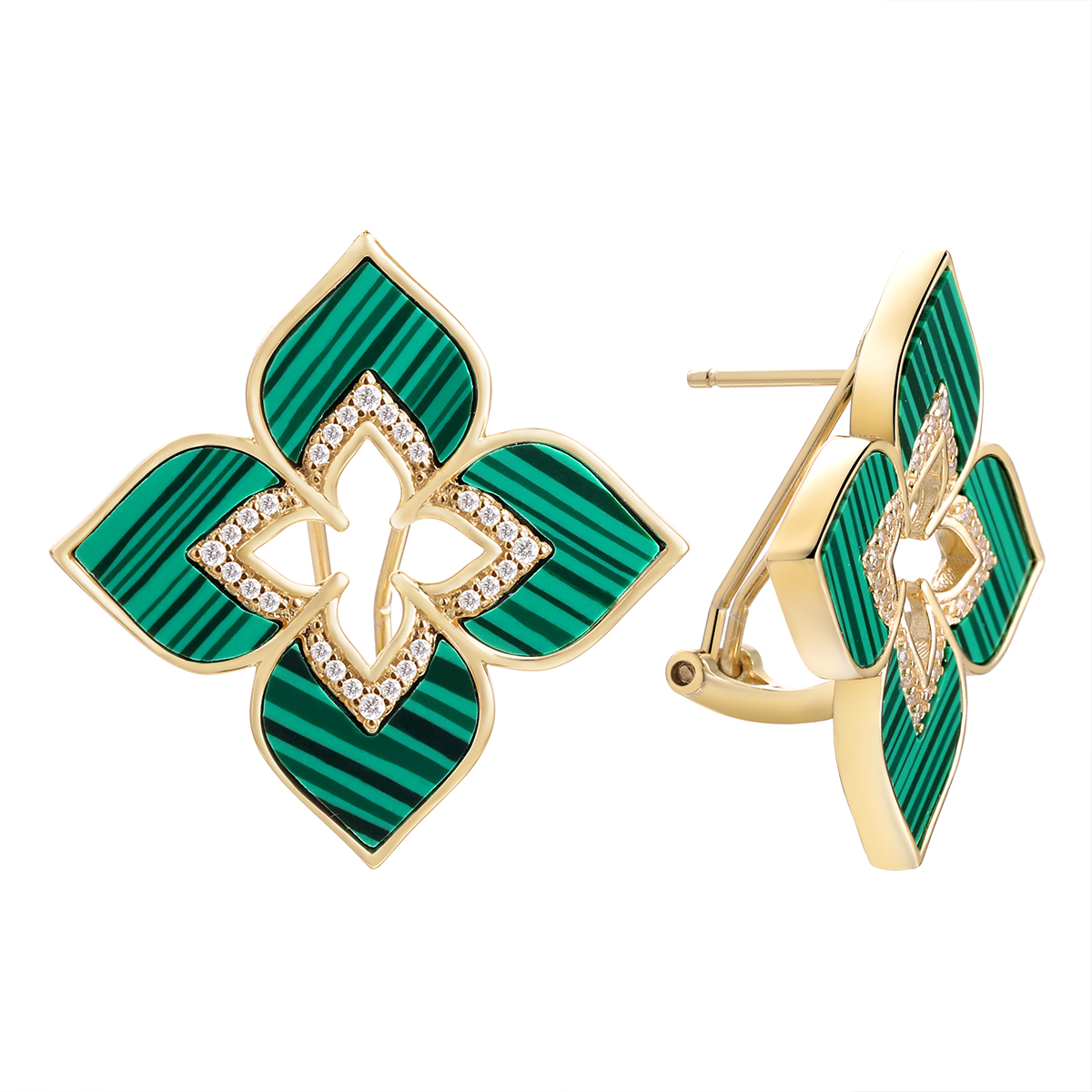 Серьги из серебра с искусственным малахитом и фианитами