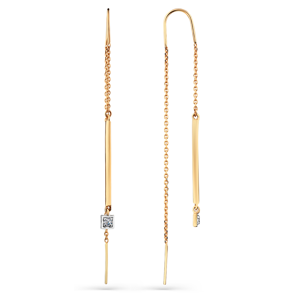 Серьги-цепочки из красного золота с фианитами