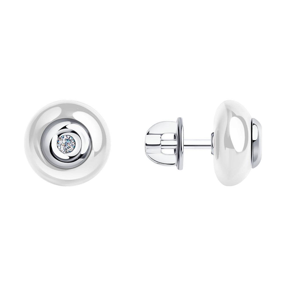 Серьги пусеты из белого золота с бриллиантами и керамикой