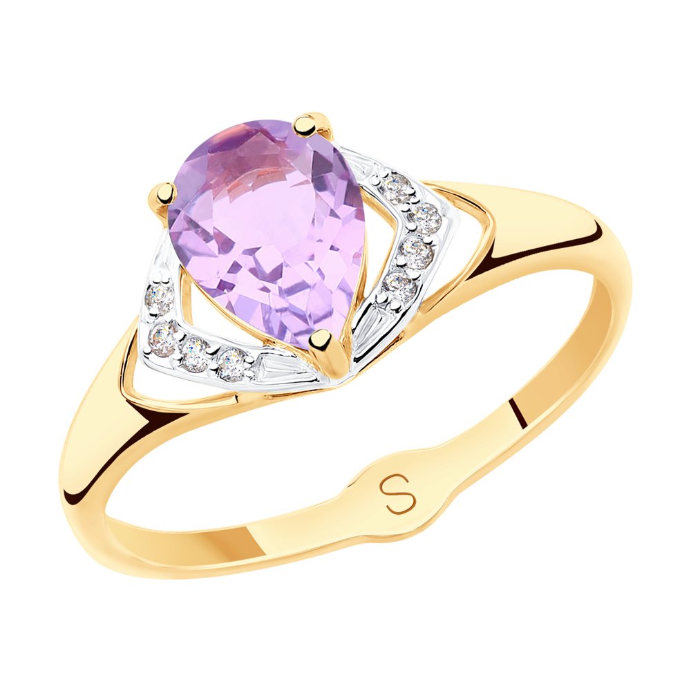 Кольцо из красного золота с аметистом и фианитами